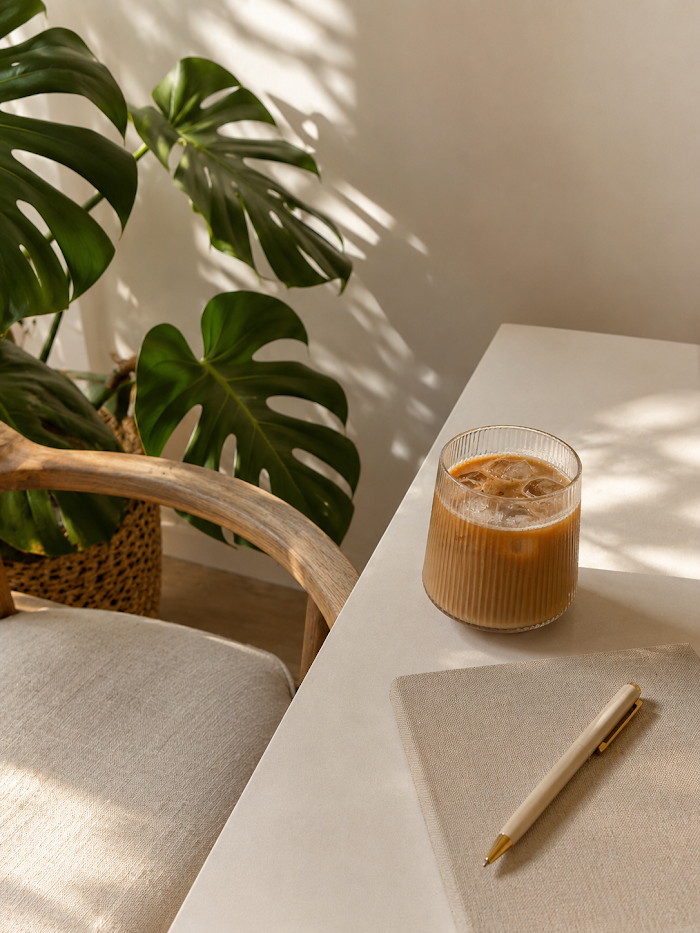 Morning Coffee with Smartphone on Wooden Table | Free Flat Lay Photo