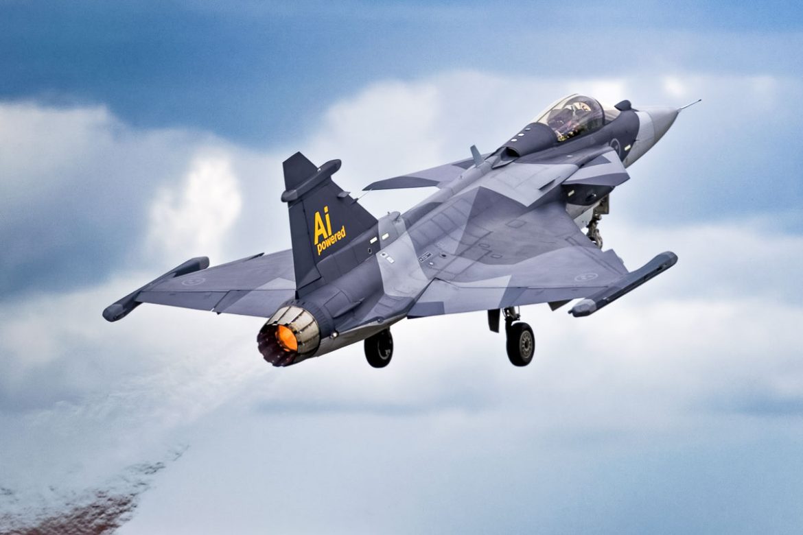 Caça Gripen voando em céu azul, referência ao teste com IA em combate pela Saab em 2025