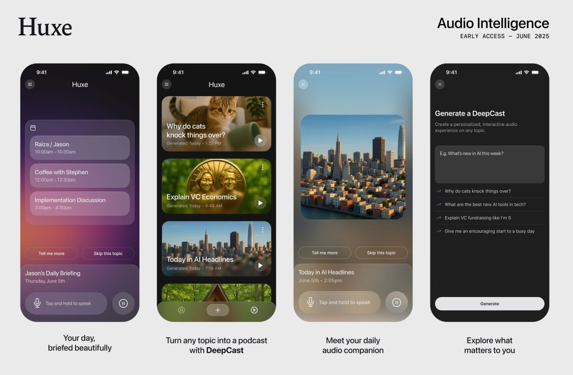 Tela do app Huxe mostrando briefings de áudio personalizados com IA