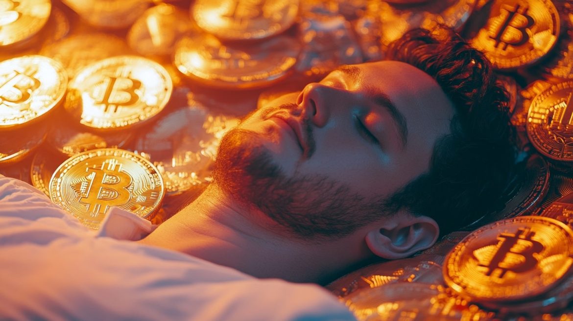 Ilustração de um cripto bot com Inteligência Artificial operando no mercado de criptomoedas enquanto uma pessoa dorme, simbolizando lucros passivos e automação de trading.