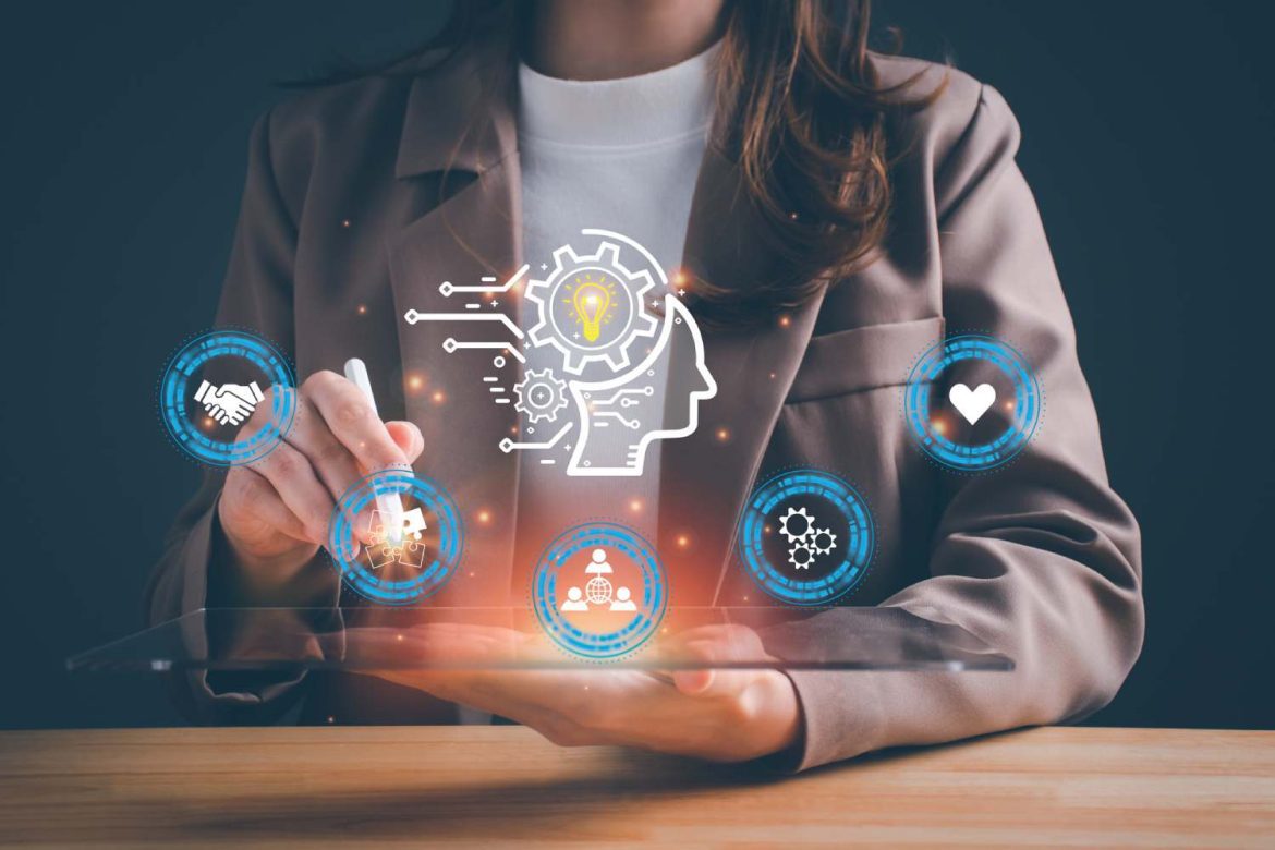 Ilustração de uma pessoa com elementos tecnológicos (código, ícones digitais) e um símbolo de inteligência artificial, representando as competências digitais e de IA que se tornaram pré-requisito para o mercado de trabalho.