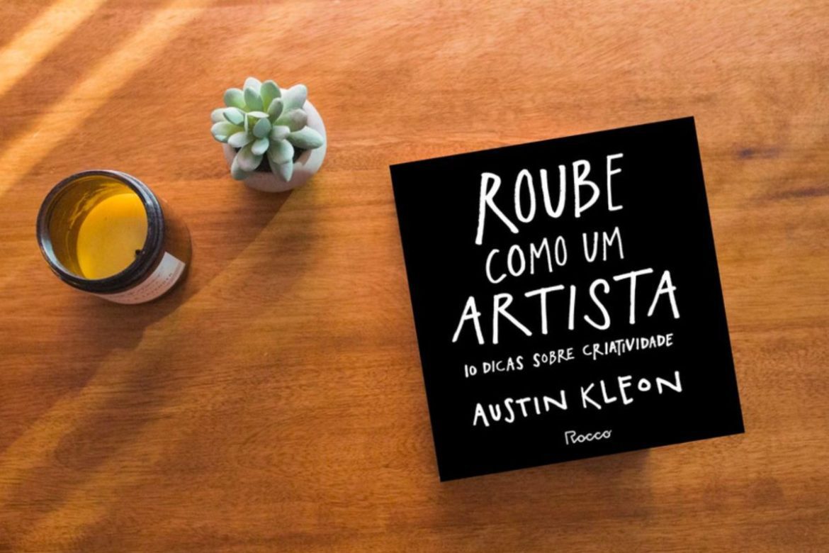 Infográfico mostrando os 10 princípios do livro "Roube como um Artista" e, ao lado de cada um, um ícone de prompt de IA, ilustrando como transformar a teoria em ação para destravar a criatividade.