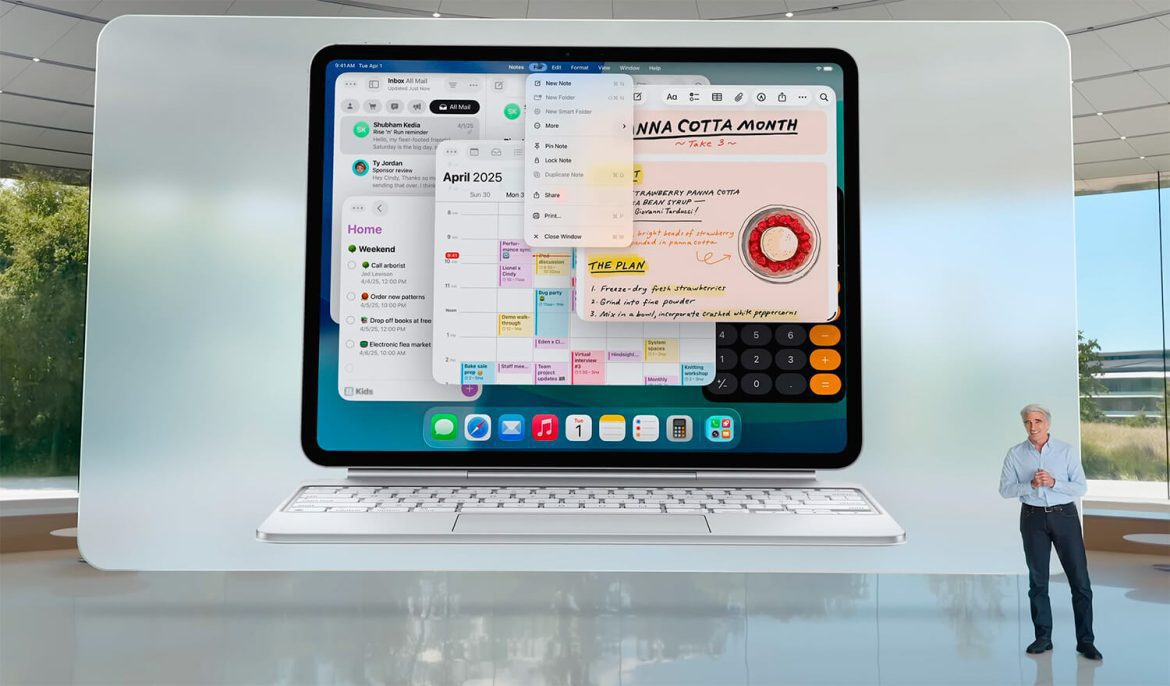 iPad exibindo várias janelas abertas em um iPadOS 26 estilo Mac