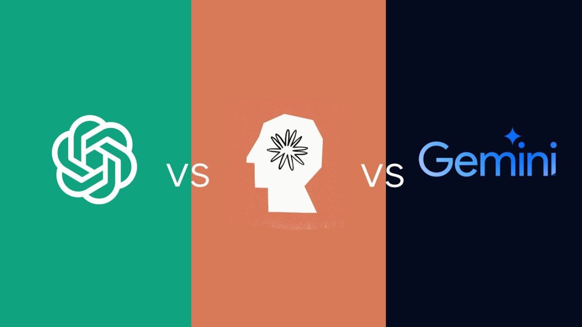 Comparação visual entre as IAs GPT-5, Gemini e Claude, destacando a capacidade de escrita em português.