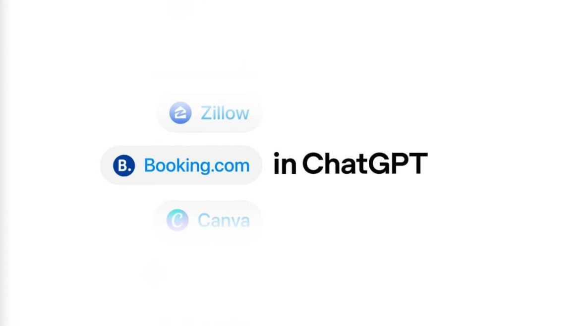 Interface do ChatGPT mostrando integrações de apps como Spotify e Booking rodando dentro da conversa.