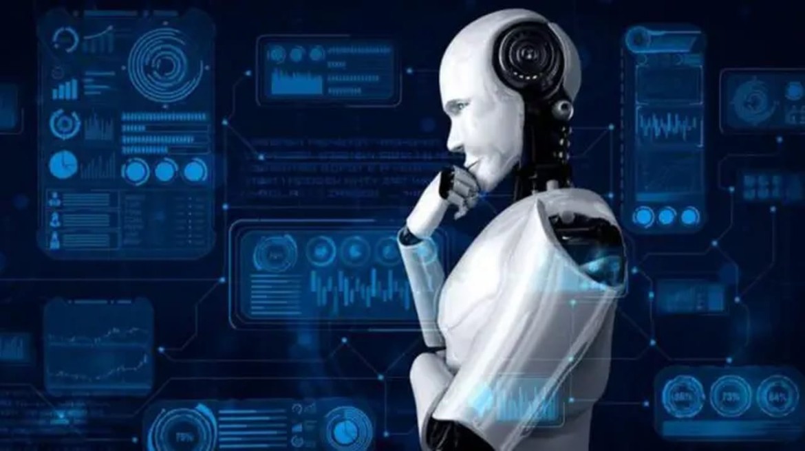 Painel digital com mapas conceituais e análise de dados, representando pesquisa profunda com inteligência artificial.