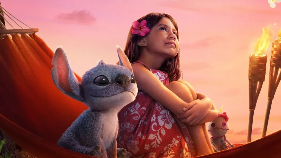 Cartaz do remake de Lilo & Stitch com público lotando cinemas em 2025.