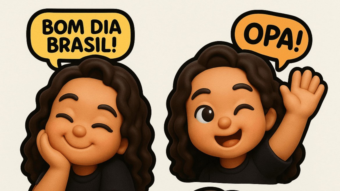 sticker chibi 3d clay com outline preto e branco, fundo transparente e balão de fala divertido