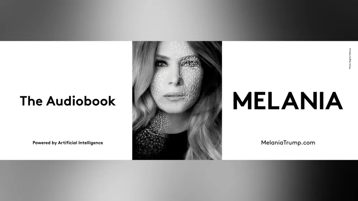 Capa do audiolivro de Melania Trump com destaque para narração por IA em vários idiomas.