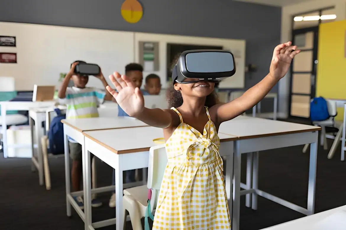 Estudante com óculos de realidade virtual imerso em um ambiente de aprendizado digital, com elementos de hologramas ou gráficos 3D flutuantes, representando a ascensão da VR e AR na educação.