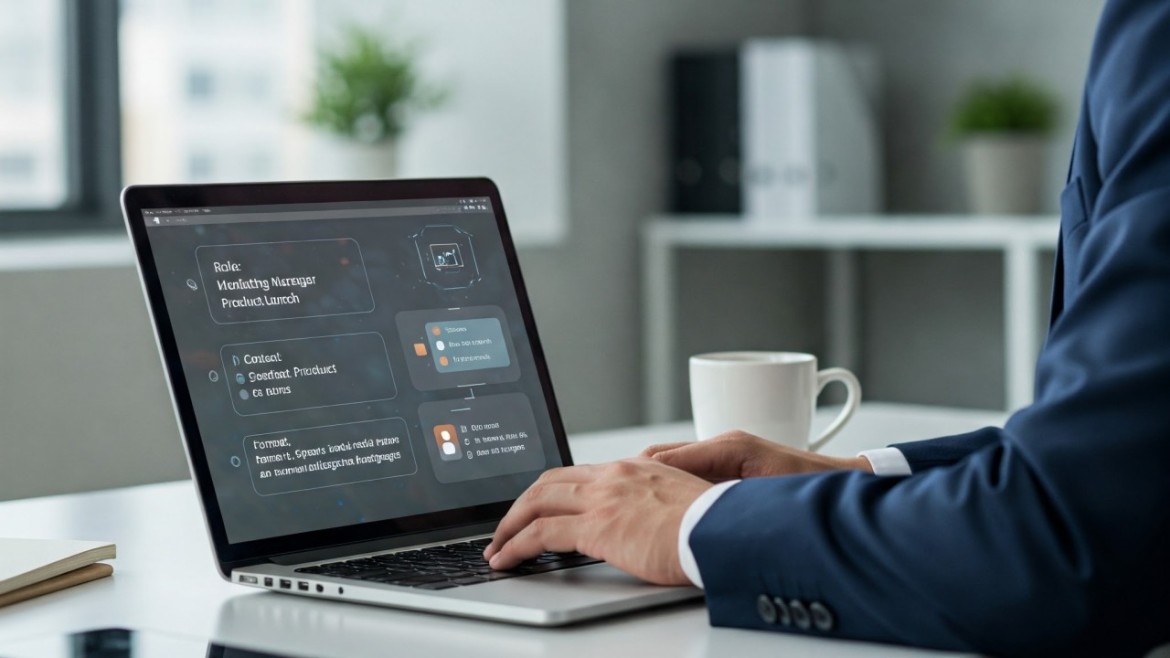 Empreendedor digital usando uma lista de 10 prompts de IA para aumentar a produtividade e o lucro do seu negócio online.