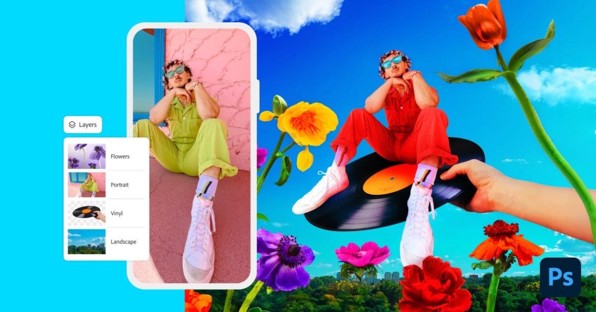 Tela do app Photoshop para Android mostrando edição de imagem com IA em 2025.