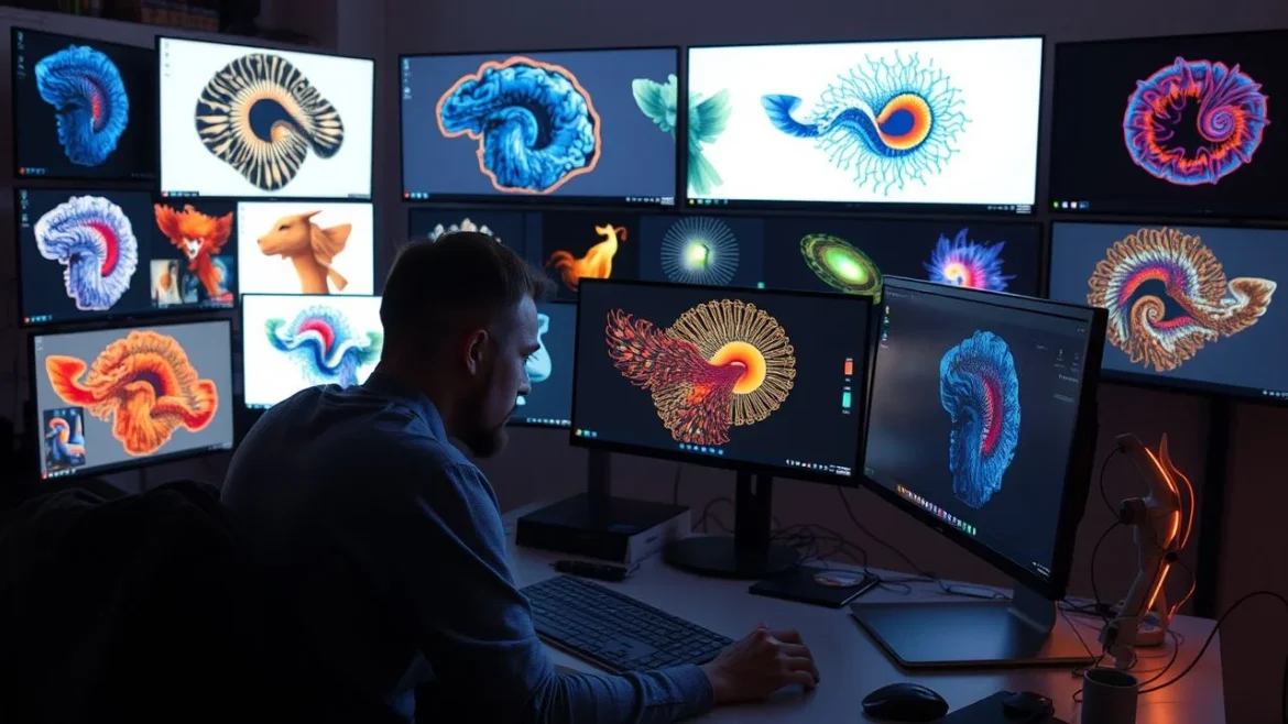 Um artista digital sorrindo em frente ao seu computador, que exibe uma galeria de arte colorida e gráficos de vendas, simbolizando como é possível monetizar arte gerada por IA gratuita.