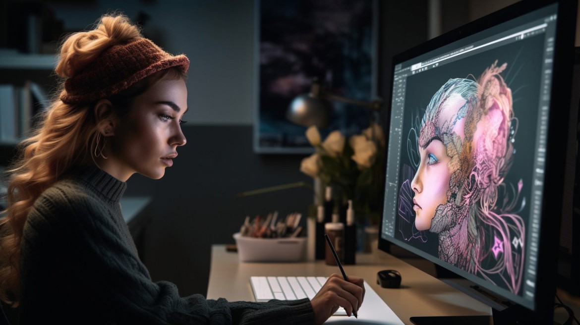 Uma mulher sorrindo enquanto usa uma caneta digital em um tablet para criar uma arte colorida, representando um dos sites de IA gratuita que criam imagens profissionais, tema do artigo.