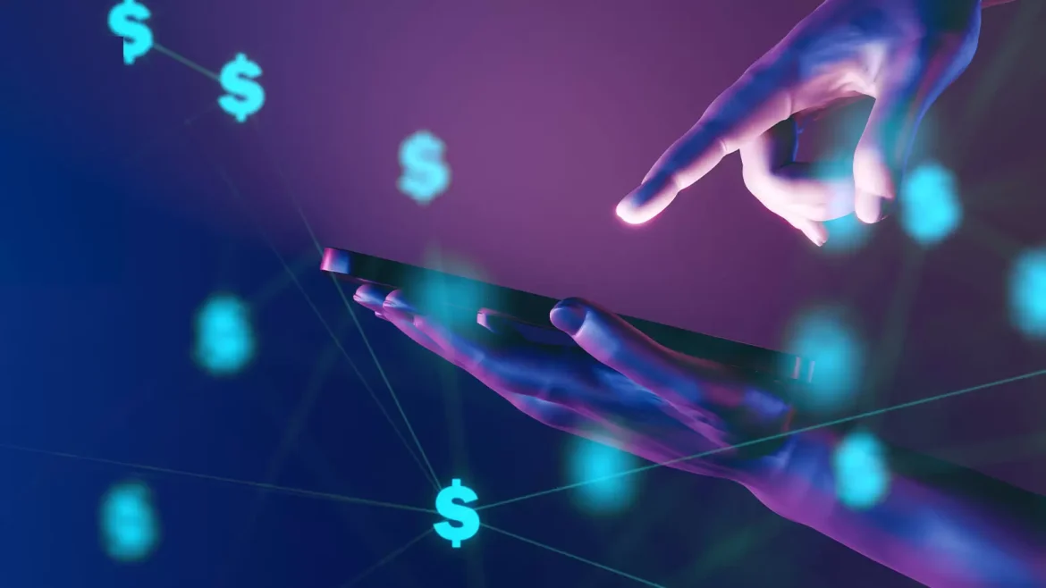 Um(a) empreendedor(a) aperta um botão em uma tela com o símbolo de IA, e uma esteira começa a produzir moedas de ouro, simbolizando como transformar a inteligência artificial em uma máquina de lucro.