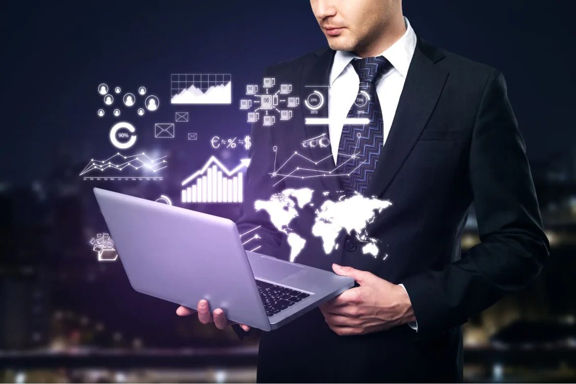 Ilustração de um robô ou figura de inteligência artificial ajudando um contador com pilhas de relatórios e gráficos, simbolizando a automação e aumento de lucros com IA na contabilidade.