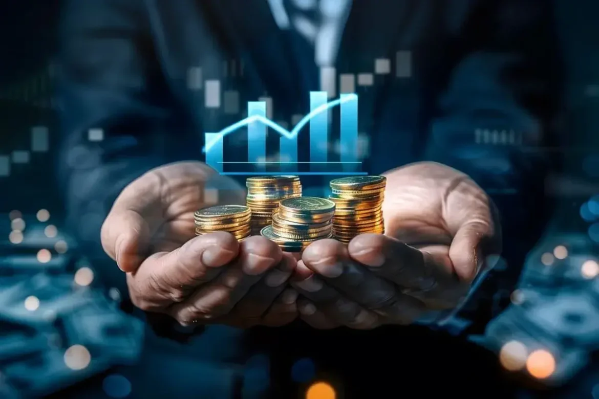 Uma pessoa sentada confortavelmente em um sofá, analisando gráficos de pizza e de barras em seu celular, que mostram um painel de controle de IA para finanças pessoais, com categorias de gastos e metas de investimento.