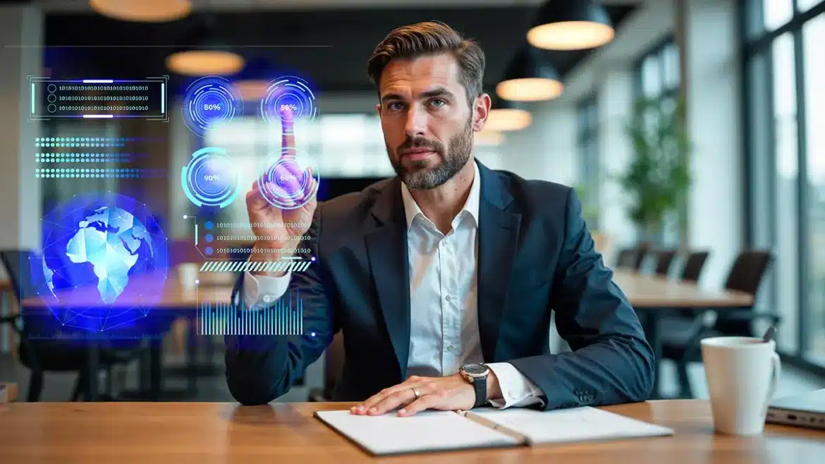 Um advogado em seu escritório utiliza um software de IA em seu computador para gerar uma petição trabalhista. A tela mostra o texto sendo criado automaticamente, demonstrando a eficiência da IA para áreas cíveis e trabalhistas.
