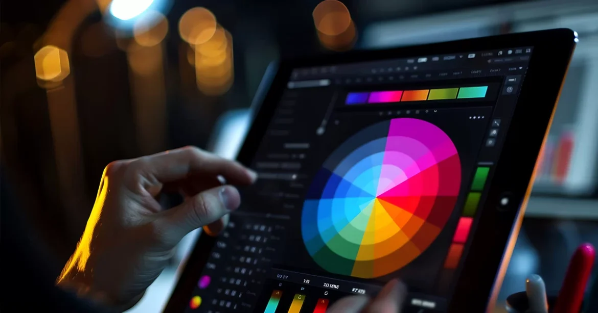 Um(a) designer gráfico(a) em um estúdio moderno, usando um tablet para interagir com uma interface que mostra diversas ferramentas de IA, como geração de imagens e paletas de cores.