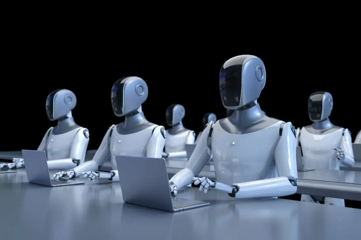 Ilustração de uma rede neural com 100 ícones de robôs conectados, simbolizando o sistema Wide Research da Manus AI, trabalhando de forma simultânea e colaborativa para uma pesquisa de mercado.