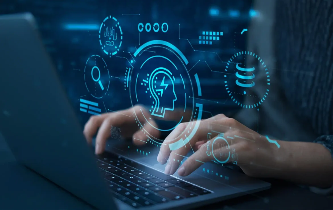 Uma advogada tributarista ("Joana") em sua mesa, com uma expressão de alívio e controle, enquanto um cérebro digital (IA) organiza um fluxograma complexo de leis tributárias em um monitor ao fundo.