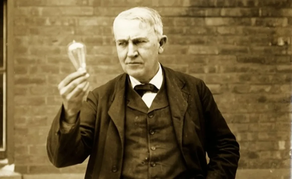 Uma ilustração de Thomas Edison segurando uma lâmpada acesa, enquanto engrenagens digitais e símbolos de IA giram ao seu redor, representando a união de sua mentalidade de experimentação com a tecnologia moderna.