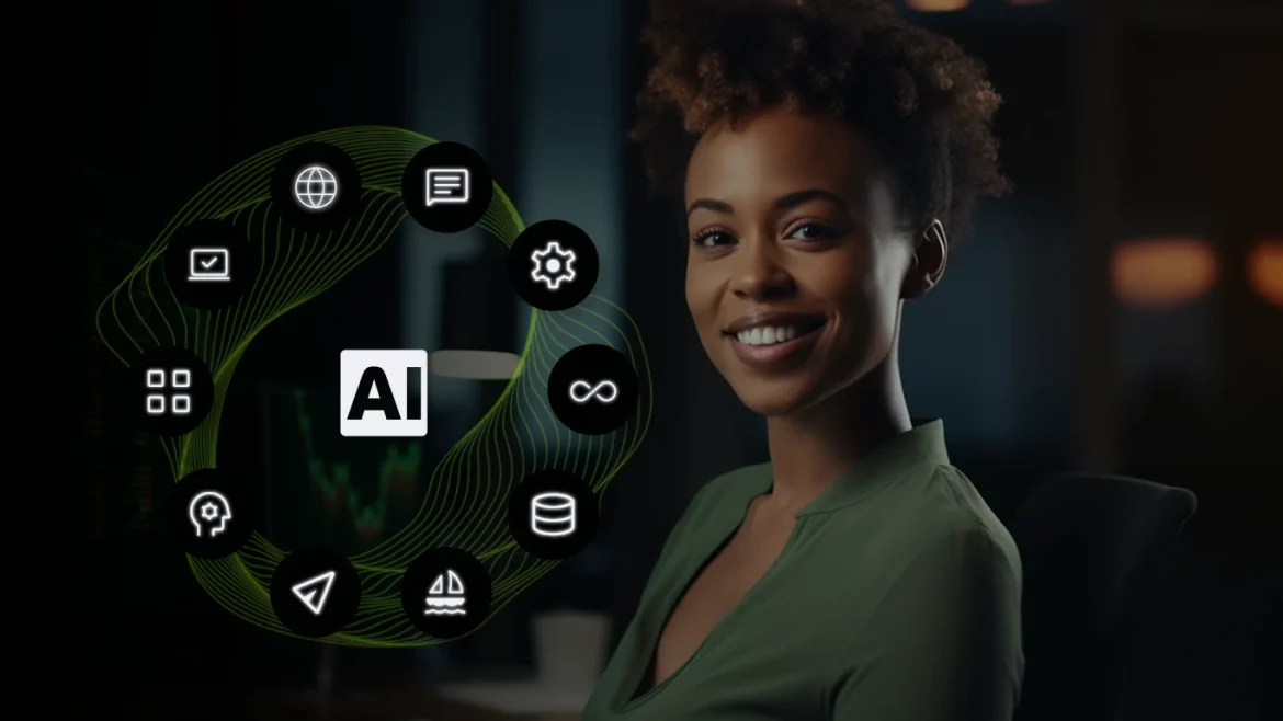 Uma empreendedora brasileira sorrindo em sua pequena loja, usando um notebook que exibe os logos de várias ferramentas de IA gratuitas, ilustrando como a IA gratuita para empreendedores pode ajudar no dia a dia.