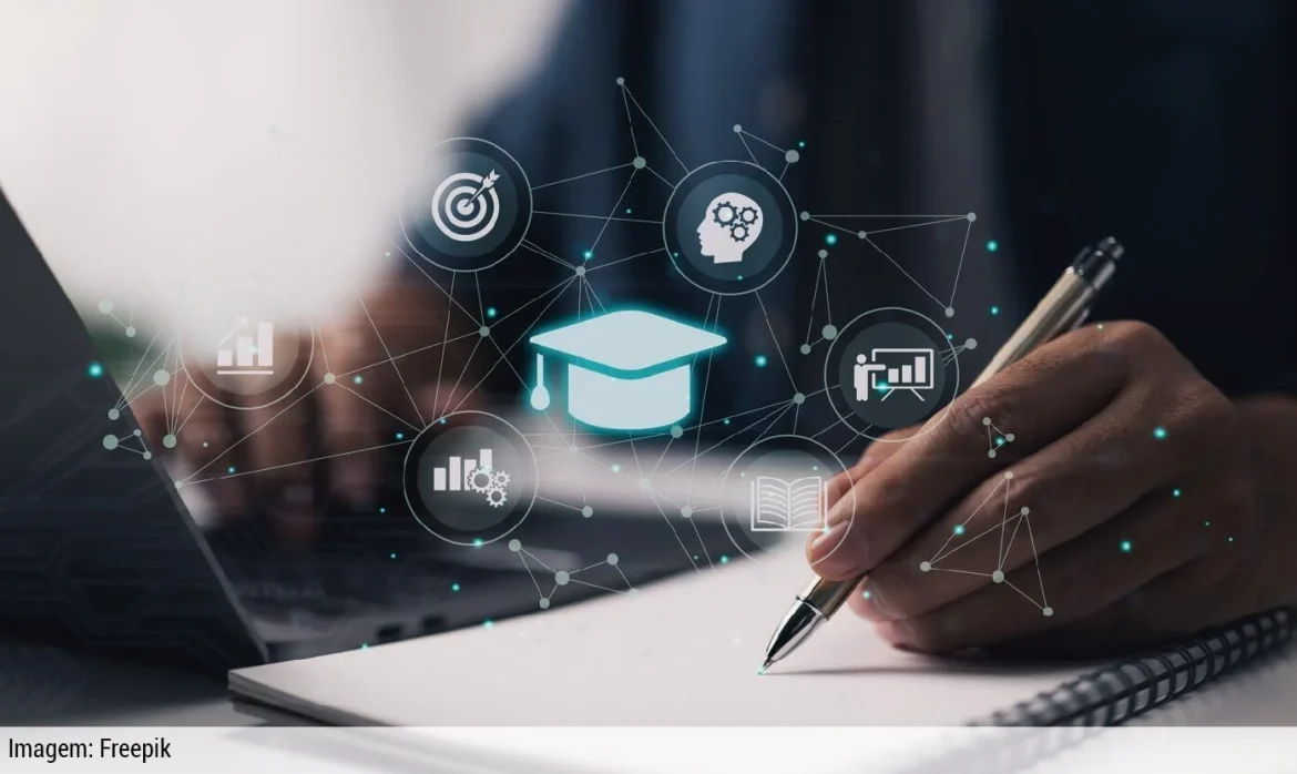 Uma empreendedora ("Joana") em sua mesa de trabalho, antes confusa, agora sorrindo com clareza, enquanto um cérebro digital (IA) a ajuda a organizar tarefas, ilustrando um curso de inteligência artificial aplicada.