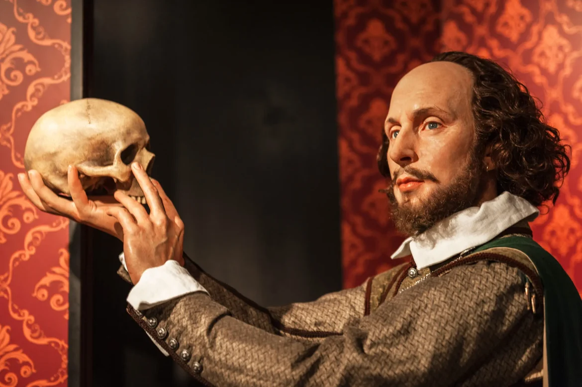 Ilustração conceitual mostrando uma imagem antiga de William Shakespeare de um lado e um cérebro com conexões neurais brilhantes do outro, simbolizando a união da literatura clássica e da neurociência no storytelling emocional.