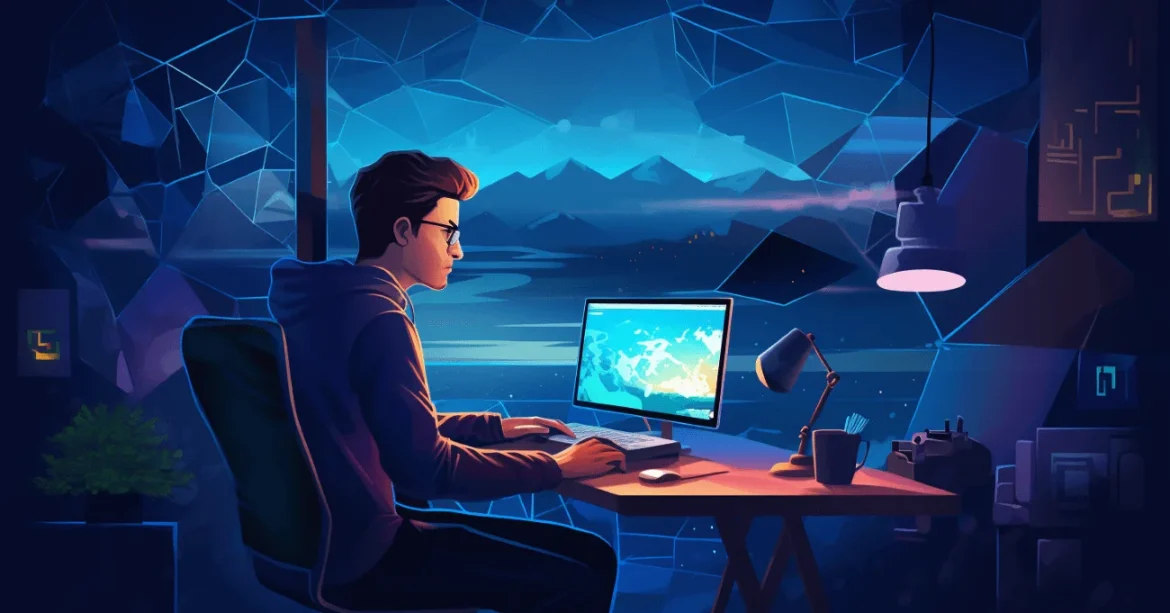 Infográfico mostrando uma pessoa em um home office, com um laptop exibindo um dashboard de IA. Ao redor dela, ícones representam os 10 serviços de freelancer de IA, como "criação de conteúdo", "automação" e "análise de dados".