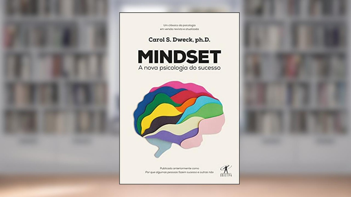 Infográfico mostrando a transição de um cérebro com uma fechadura (mindset fixo) para um cérebro com engrenagens girando e crescendo (mindset de crescimento), com um ícone de IA facilitando a mudança, ilustrando o uso de prompts de 'Mindset' de Carol Dweck com IA.