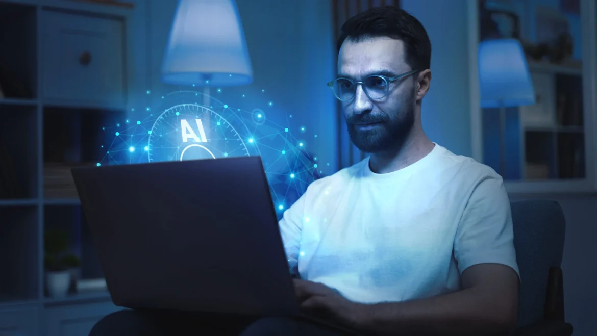 profissional relaxado em sua mesa enquanto robôs de inteligência artificial organizam papéis e e-mails ao fundo, ilustrando o conceito de automação de tarefas com inteligência artificial.