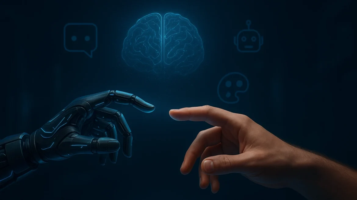 Ilustração de uma tela com um logotipo sendo criado por IA, simbolizando design automatizado e gratuito.