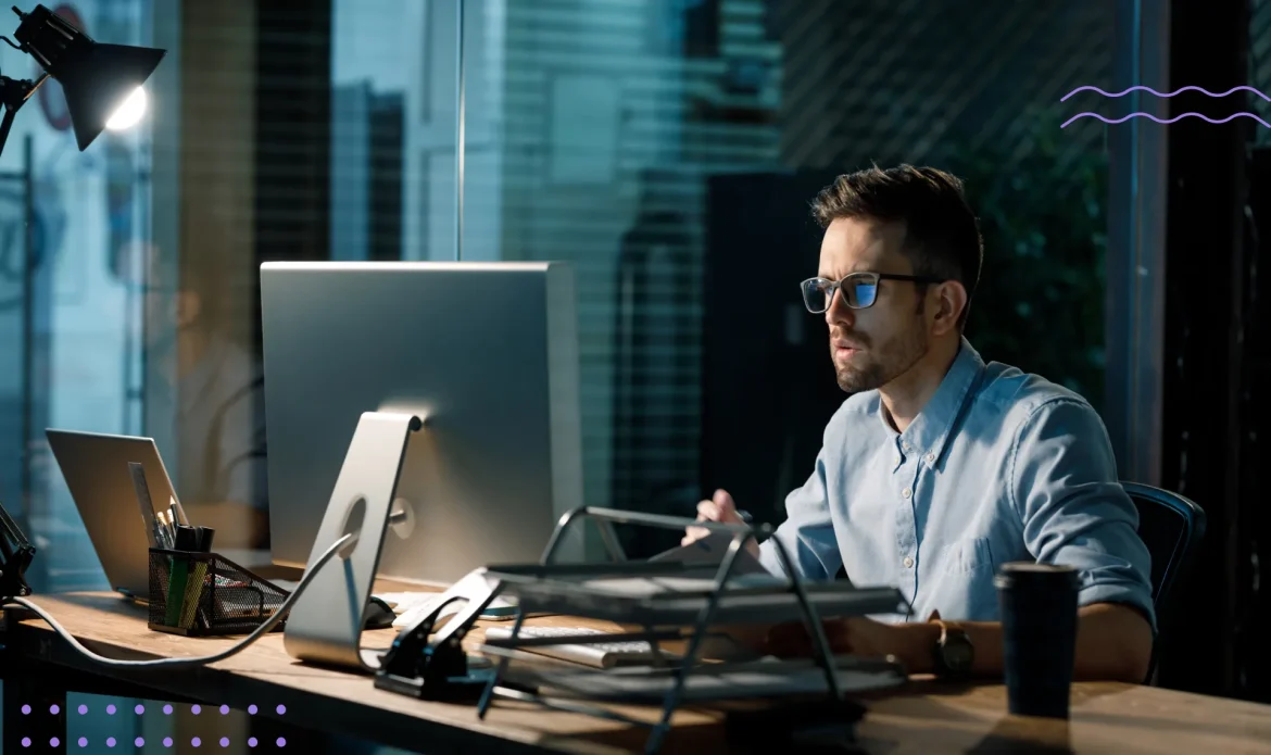 Representação gráfica de pessoa desenvolvendo habilidades com ajuda de inteligência artificial em dispositivo digital.