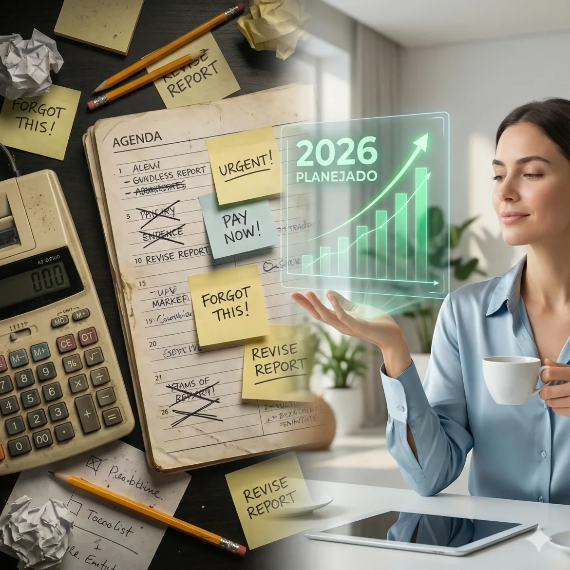 Uma composição "split-screen" (tela dividida). Lado esquerdo: Uma agenda de papel rabiscada, cheia de post-its urgentes e uma calculadora antiga (representando o jeito velho e cansativo). Lado direito: Uma tela de holograma limpa e futurista projetando um gráfico de crescimento verde e a frase "2026 PLANEJADO" flutuando sobre a mão de uma mulher tranquila tomando café.