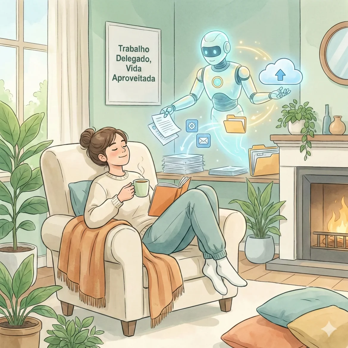 Ilustração relaxante de uma pessoa descansando em uma poltrona confortável enquanto um robô assistente luminoso organiza papéis e tarefas ao fundo, representando a delegação de trabalho para IA.