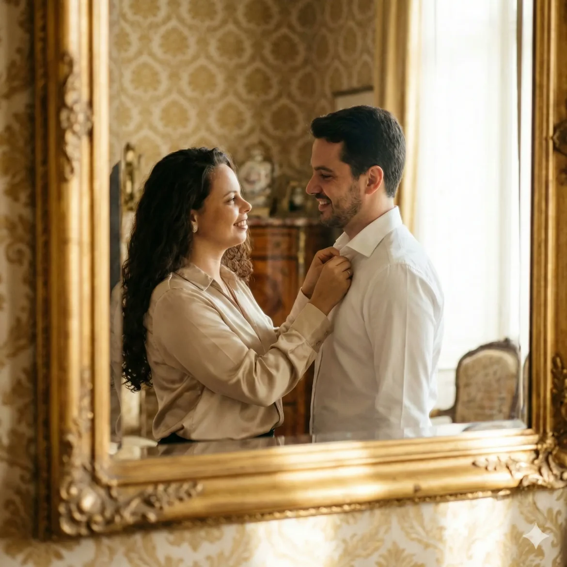 Casal elegante em biblioteca clássica com iluminação dourada lateral, representando resultado de prompt old money gerado no ChatGPT com preservação facial.
