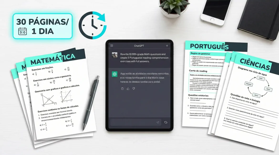 Professor usando ChatGPT para gerar 30 páginas de atividades pedagógicas em 1 dia com prompts prontos
