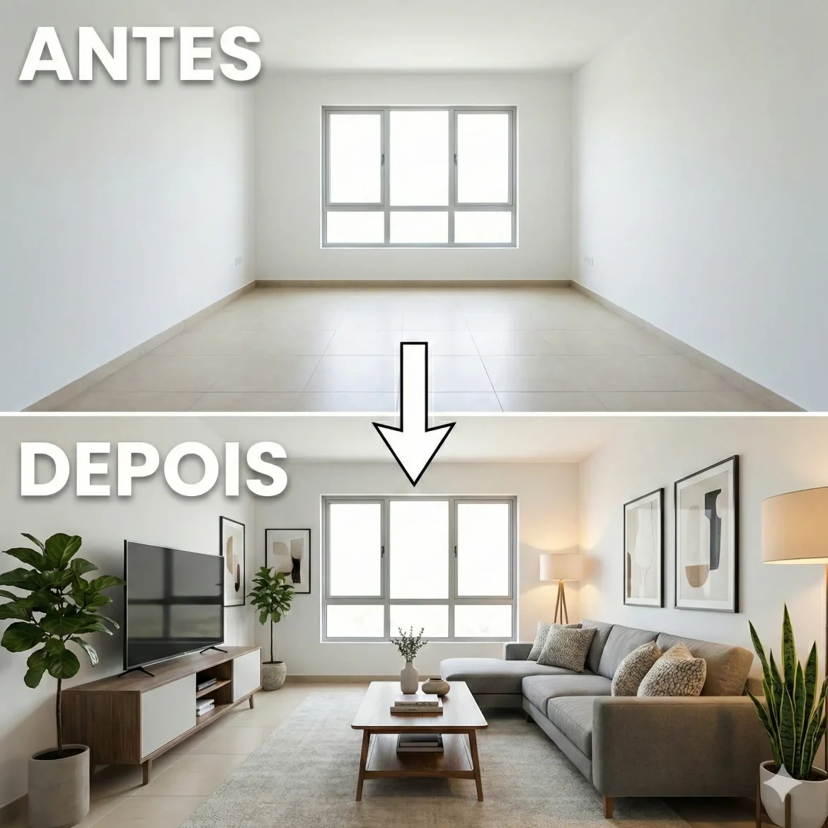 Sala de apartamento vazia na parte superior transformada digitalmente em ambiente decorado moderno na parte inferior através de virtual staging profissional com inteligência artificial