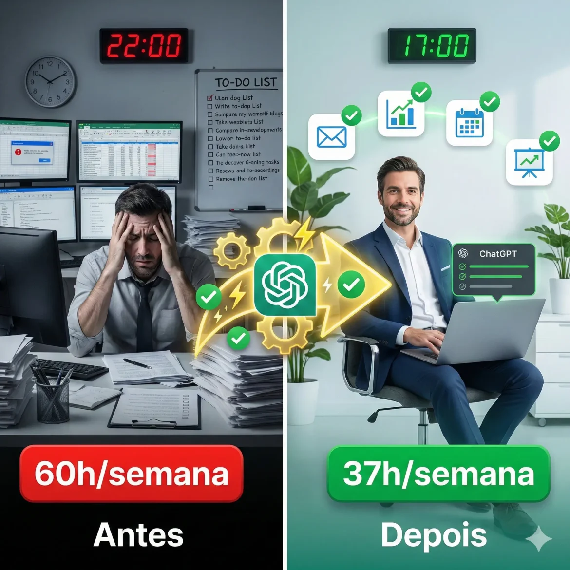Comparação antes e depois mostrando profissional transformando rotina de trabalho de 60h para 37h semanais usando ChatGPT para automatizar emails, relatórios e reuniões.