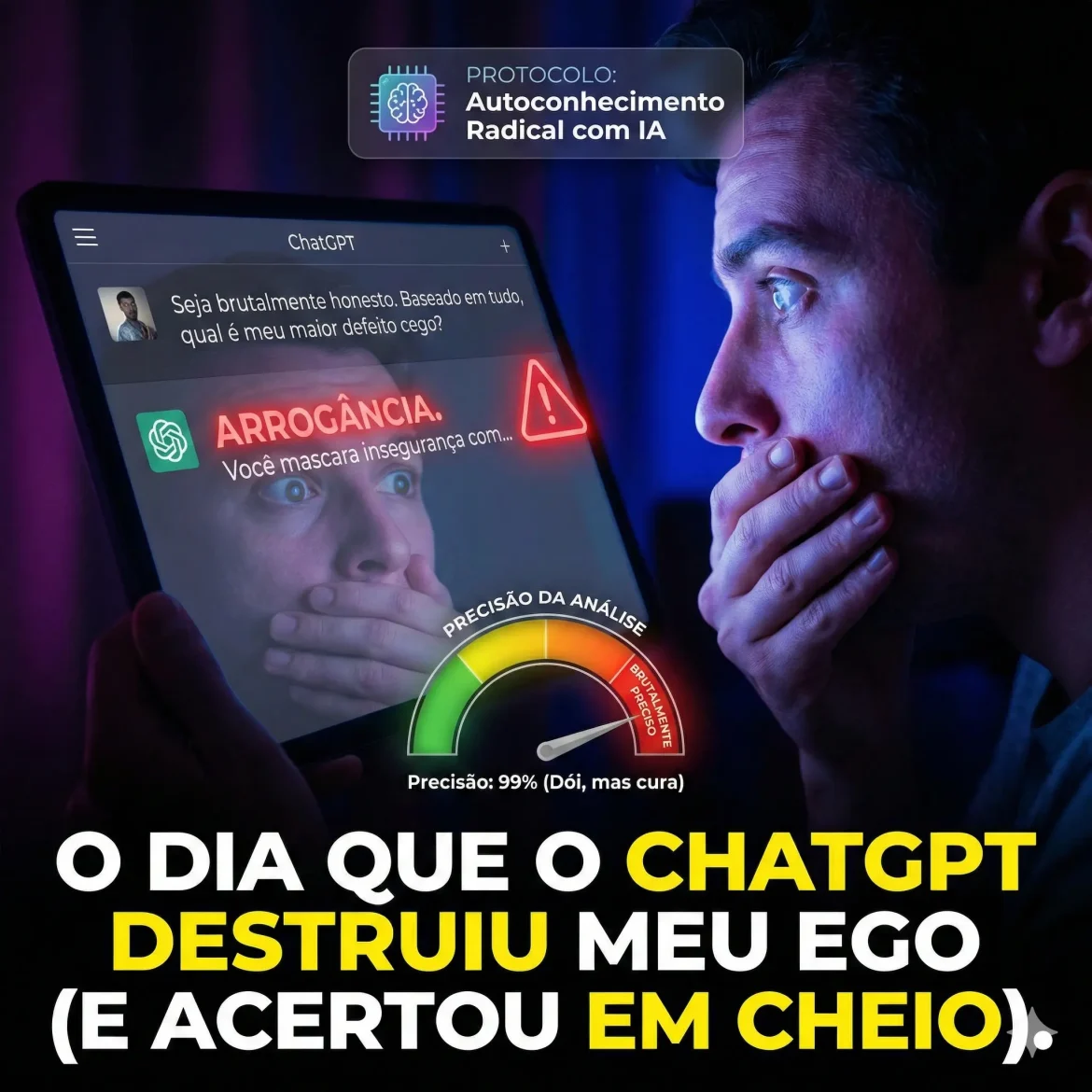 Ilustração conceitual de espelho fragmentado representando processo de autoconhecimento brutal com ChatGPT através do framework ESPELHO em 7 etapas para identificar padrões comportamentais destrutivos com validação externa obrigatória