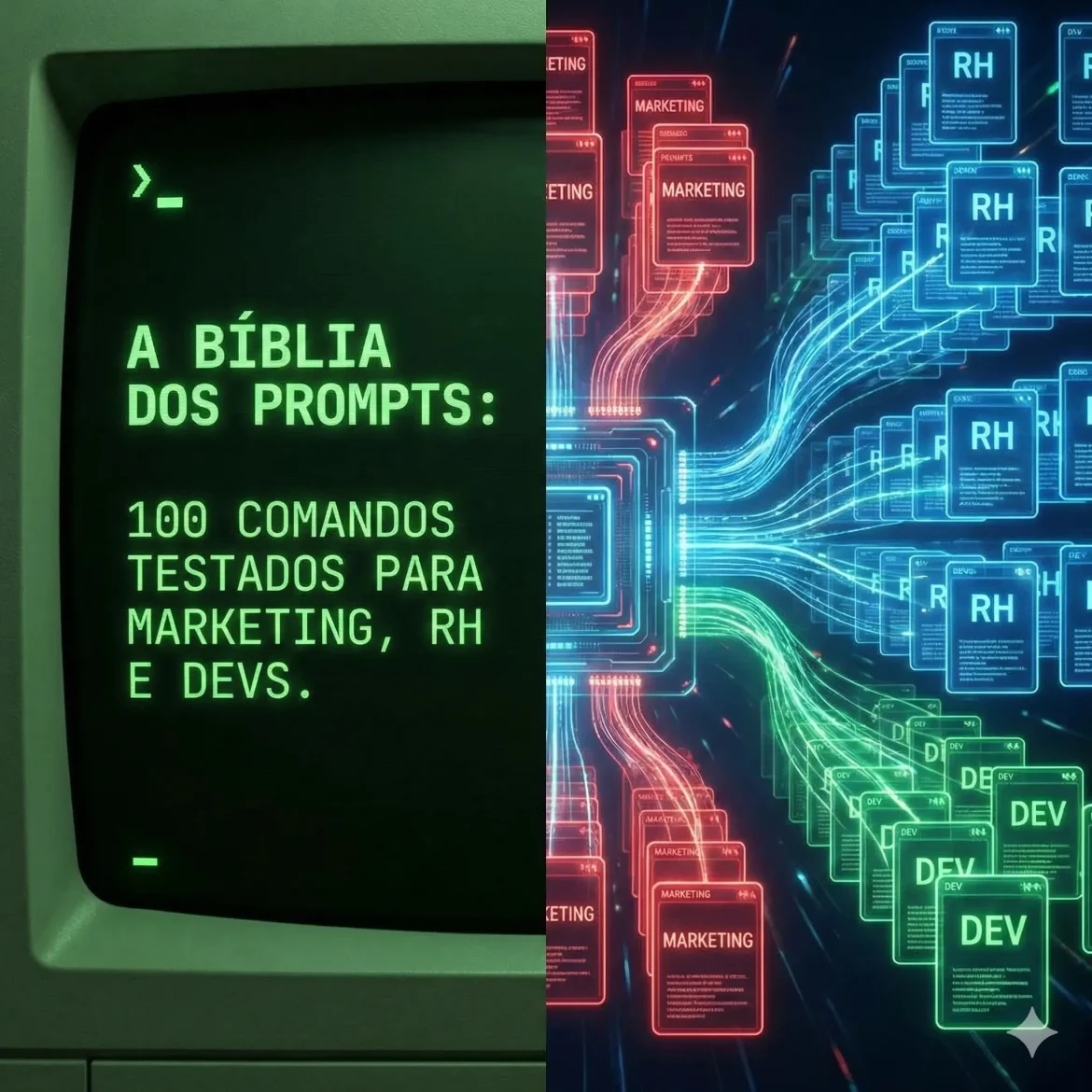 Gráfico ilustrativo mostrando uma biblioteca organizada de 100 prompts para ChatGPT divididos por categorias como marketing, vendas e programação.