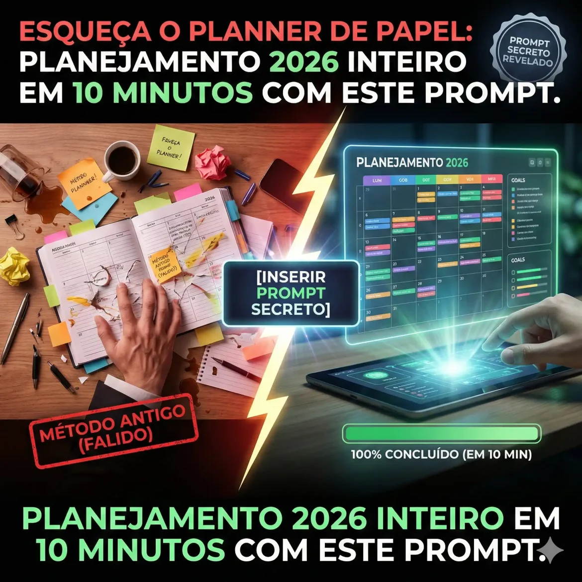 Pare de "vou me organizar depois". Plano 2026 completo: o que fazer toda semana para chegar onde quer. Prompt gratuito + 3 casos reais de transformação.
