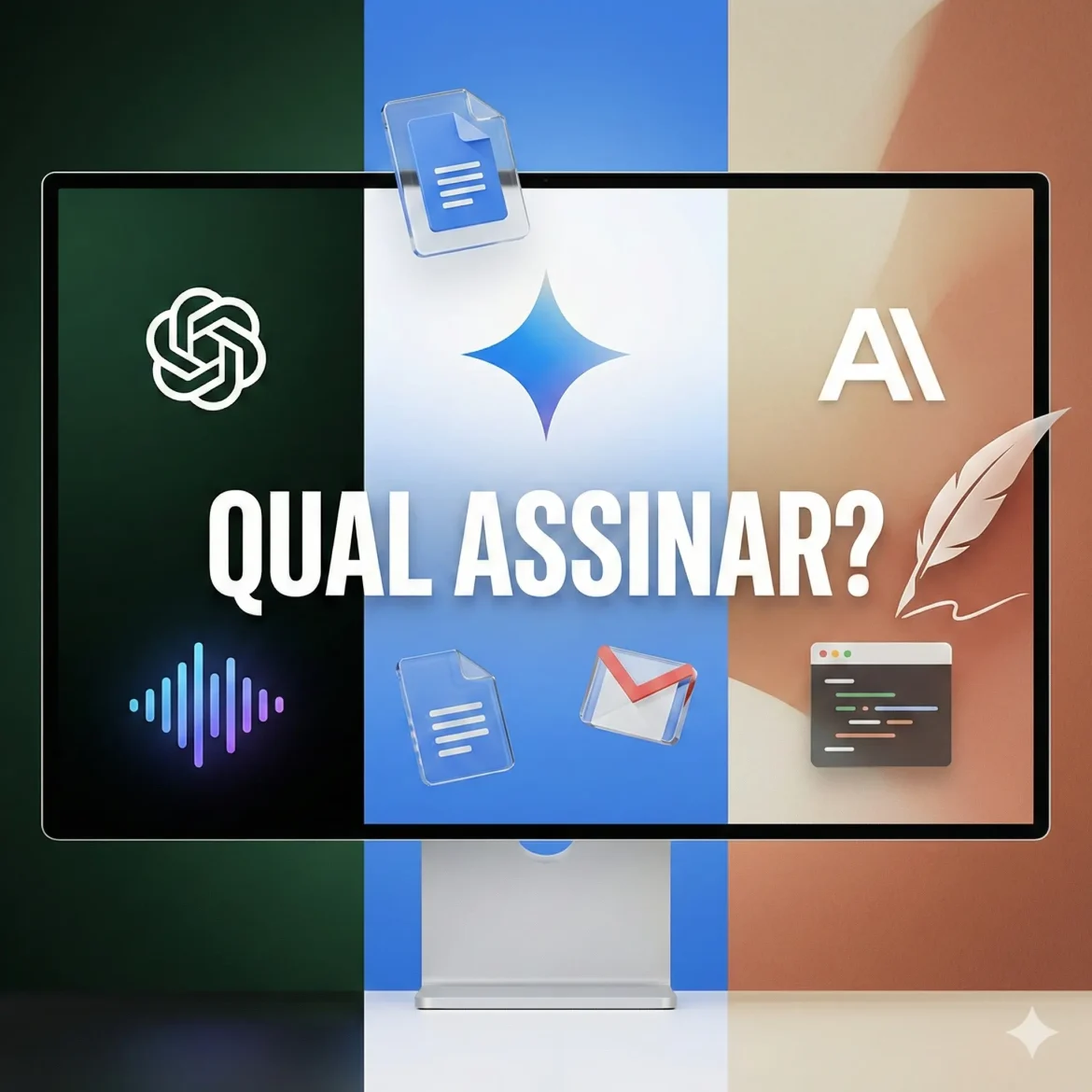 Gráfico comparativo colocando lado a lado os logotipos das inteligências artificiais ChatGPT, Gemini e Claude para decisão de assinatura em 2026.