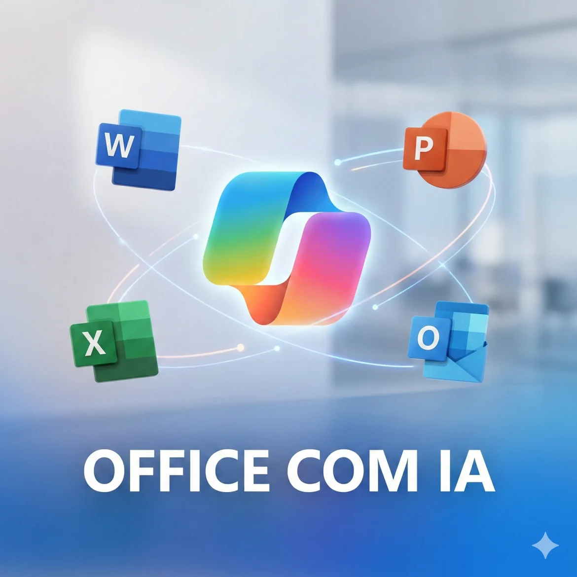 Ilustração do ecossistema Microsoft Copilot integrando Word, Excel e PowerPoint para automação de tarefas de escritório.