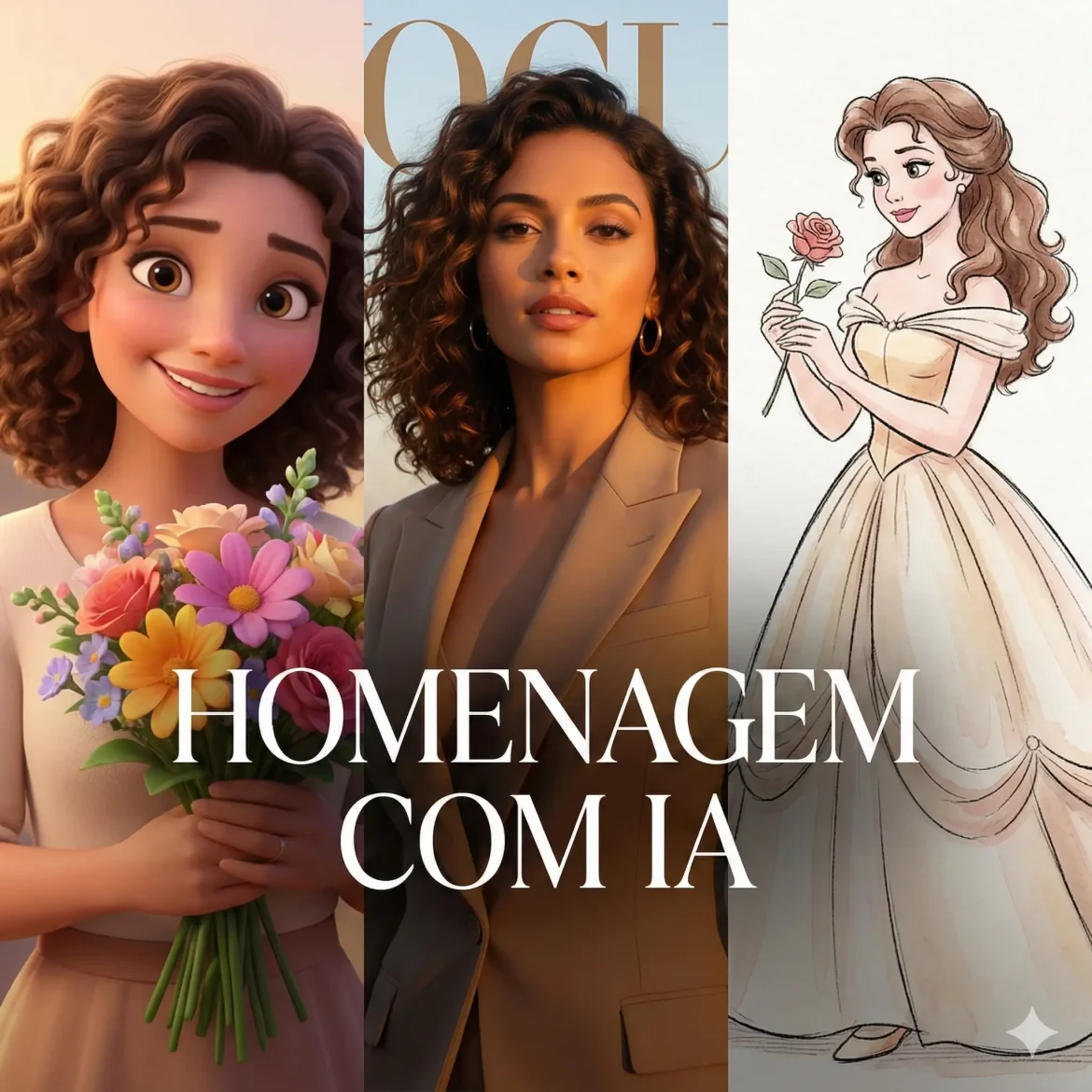 Colagem mostrando três estilos de imagem gerados por inteligência artificial para o Dia da Mulher: estilo animação 3D Pixar, fotografia realista e desenho clássico Disney.