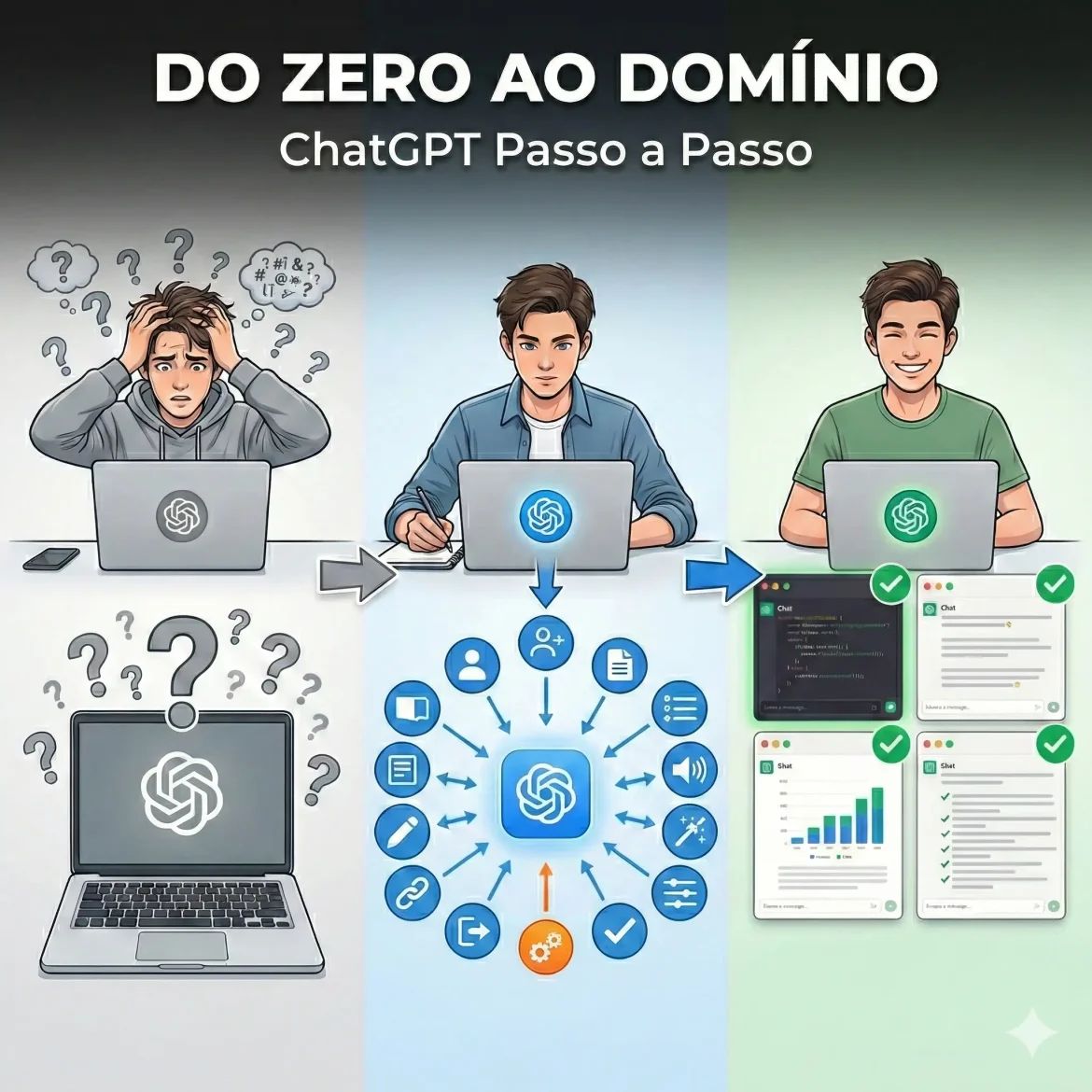 Progressão visual em 3 estados mostrando jornada do iniciante confuso para usuário dominado do ChatGPT: à esquerda pessoa perplexa diante de tela, centro pessoa estudando com 15 botões e elementos de interface em volta, direita pessoa satisfeita com múltiplos chats simultâneos, ilustrando como usar ChatGPT passo a passo do zero até domínio com iteração e Custom Instructions.