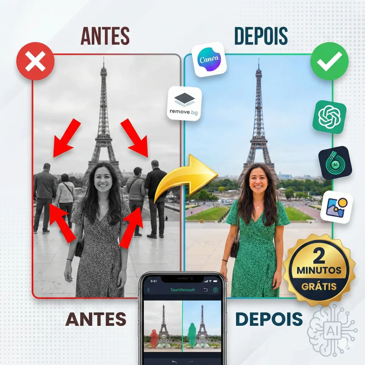 Comparação antes e depois mostrando como remover pessoas do fundo da foto usando ChatGPT e apps gratuitos, com resultado profissional em 2 minutos