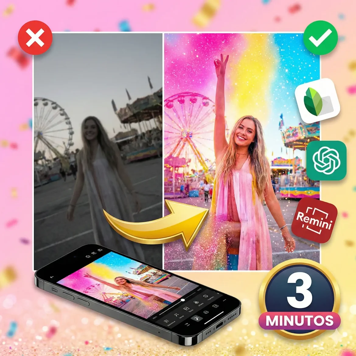 Comparação antes e depois de foto de carnaval editada no celular mostrando transformação de imagem apagada em foto vibrante e profissional usando apps gratuitos como Snapseed e IA