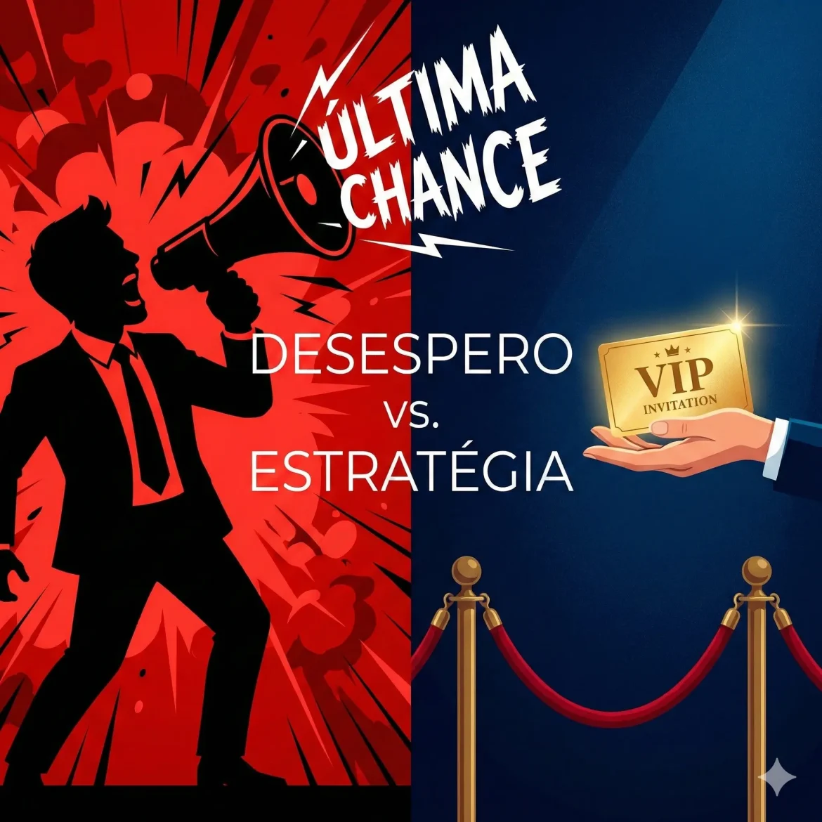 Comparativo visual entre vendedor desesperado usando falsa urgência e estrategista usando gatilhos mentais de escassez ética para aumentar vendas.